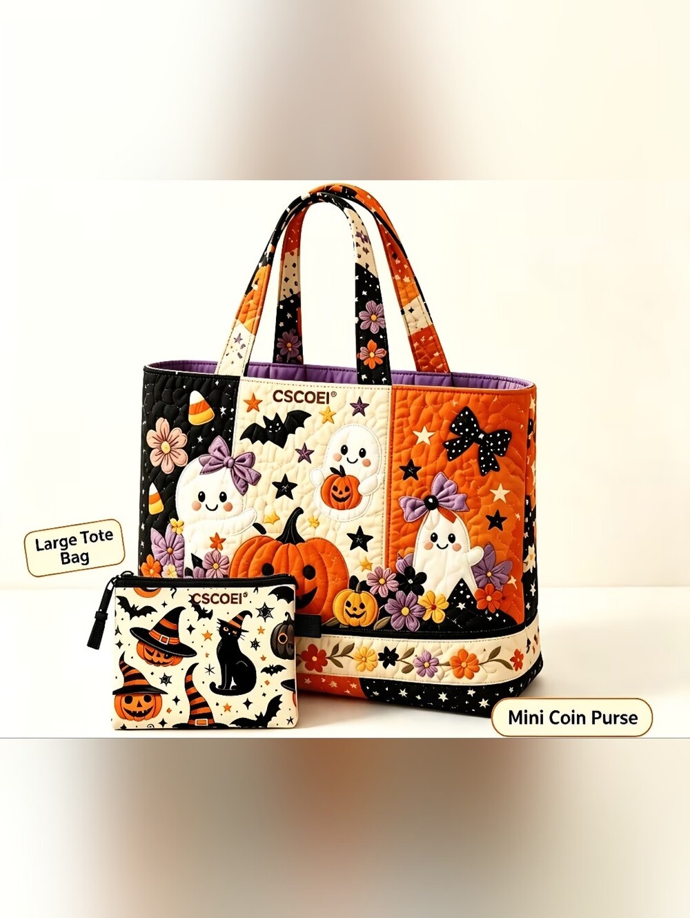 Halloween Quilted Tote Bag with Mini Coin Purse - Orange Black White